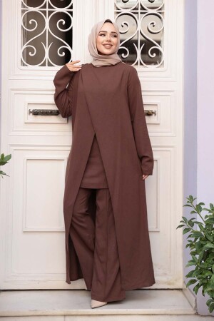 Asimetrik Detaylı Kahverengi Tesettür İkili Takım 76471KH 