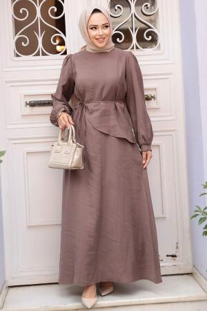 Asimetrik Detaylı Koyu Vizon Tesettür Elbise 19042KV 