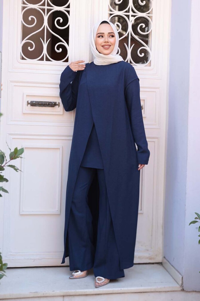Asimetrik Detaylı Lacivert Tesettür İkili Takım 76471L - 2
