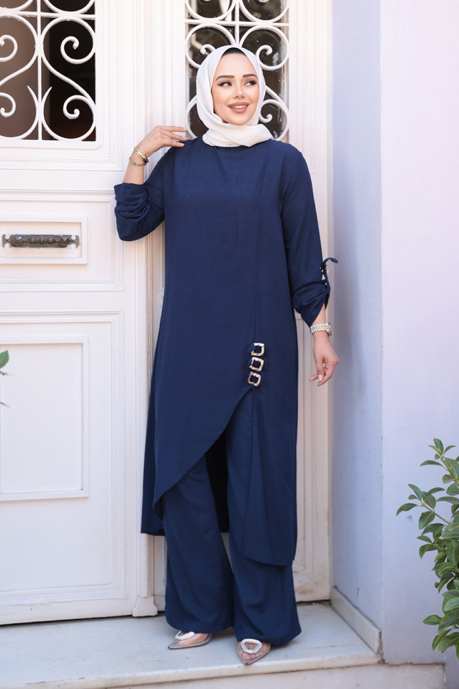 Asimetrik Detaylı Lacivert Tesettür İkili Takım 7656L - 3
