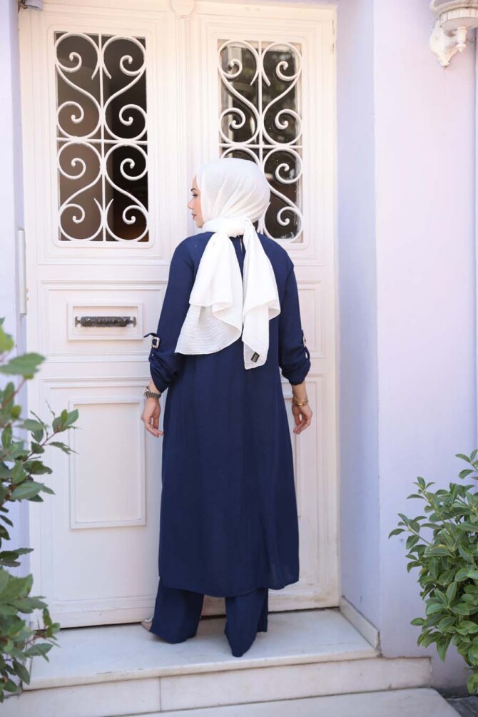 Asimetrik Detaylı Lacivert Tesettür İkili Takım 7656L - 4