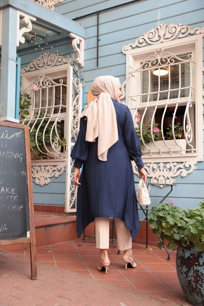Asimetrik Detaylı Lacivert Tesettür Tunik 615L - 2