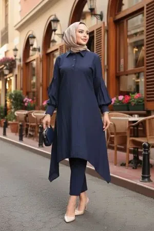 Asimetrik Detaylı Lacivert Tesettür Tunik 615L 