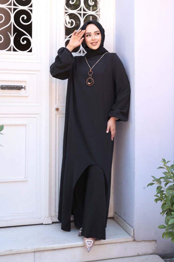 Asimetrik Detaylı Siyah Tesettür İkili Takım 76321S - N.S NEVA STYLE