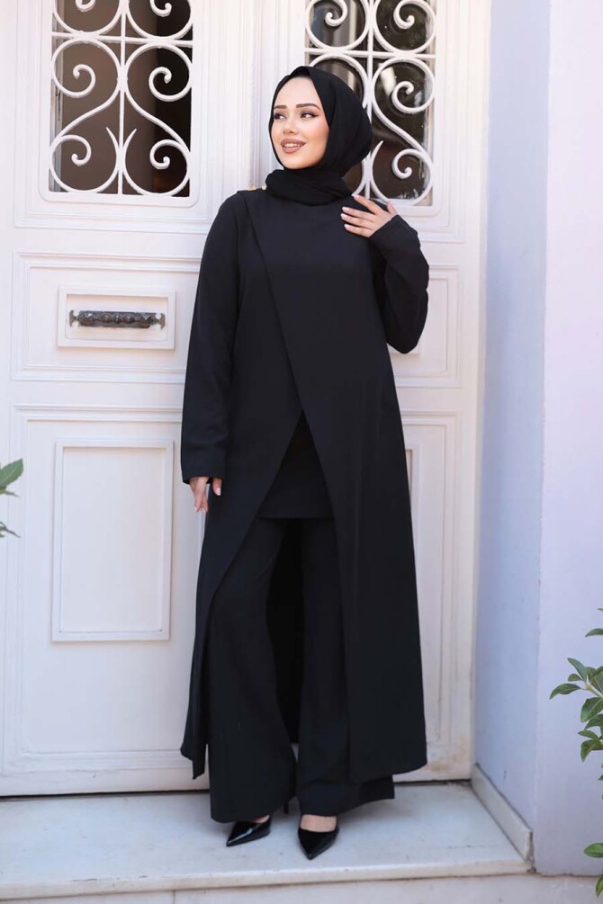 Asimetrik Detaylı Siyah Tesettür İkili Takım 76471S - 2