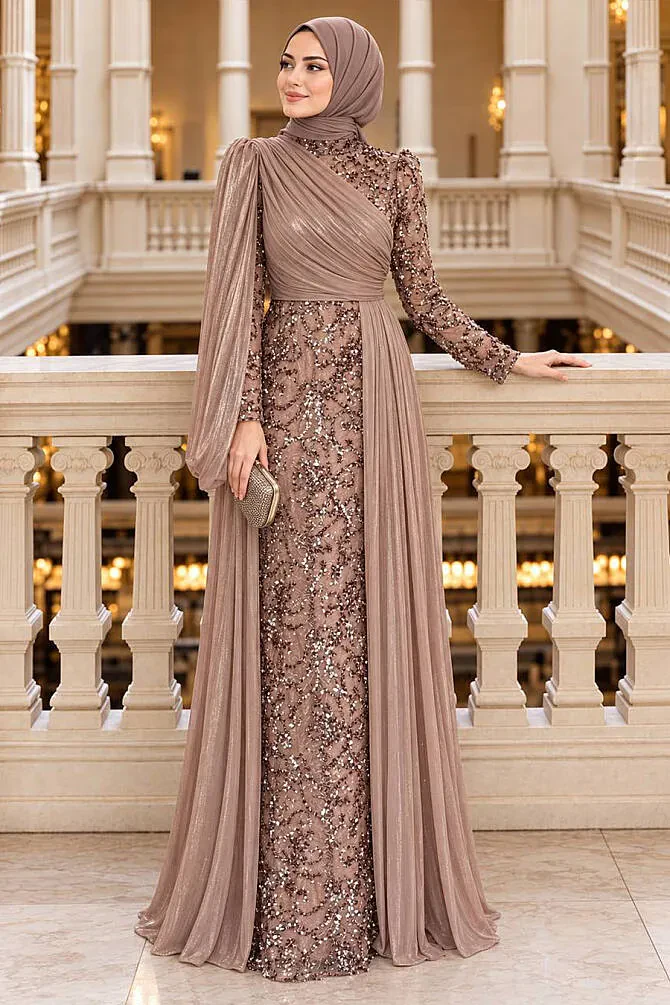 Asymmetric Draped Rhinestone Iridescent Biscuit Modest Evening Dress 49740BS - 1