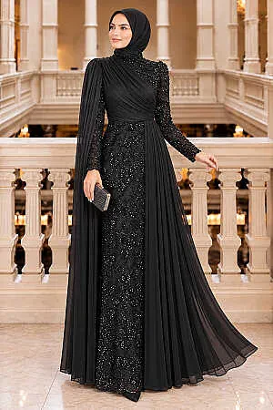 Asymmetric Draped Rhinestone Iridescent Black Modest Evening Dress 49740S 