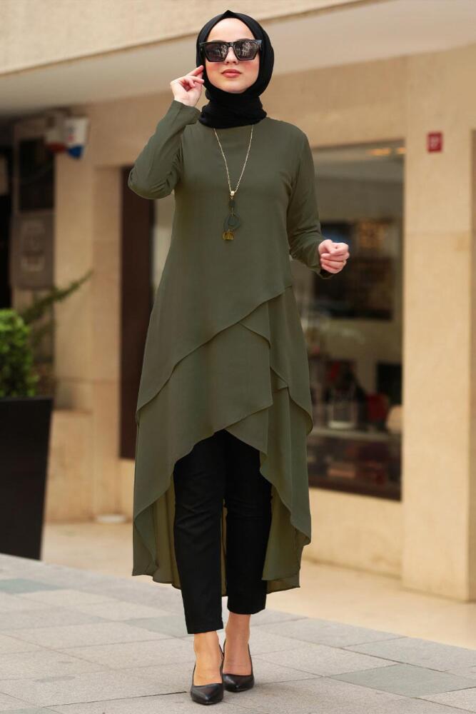 Asimetrik Kesim Haki Tesettür Tunik 2266HK - 1