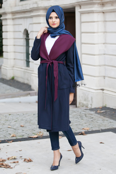 Asiyan - Plum Color-Blue Hijab Coat 2267MU