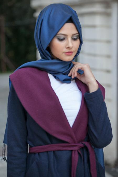 Asiyan - Plum Color-Blue Hijab Coat 2267MU - 3