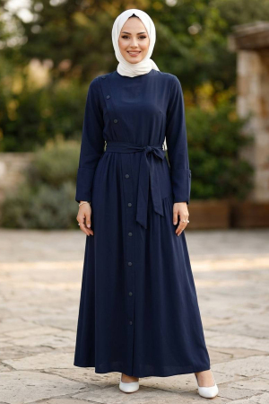 Asymmetric Button-Detail Belted Navy Blue Modest Dress 30931L 