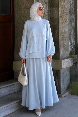 Asymmetric Tiered Ruffle-Detail Blue Modest Set 5331M - 1