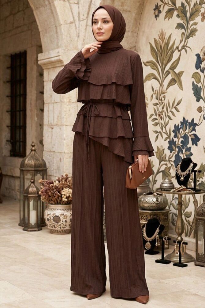 Asymmetric Tiered Ruffle-Detail Brown Modest Set 26086KH - 1