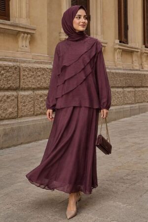 Asymmetric Tiered Ruffle-Detail Plum Modest Set 5331MU 