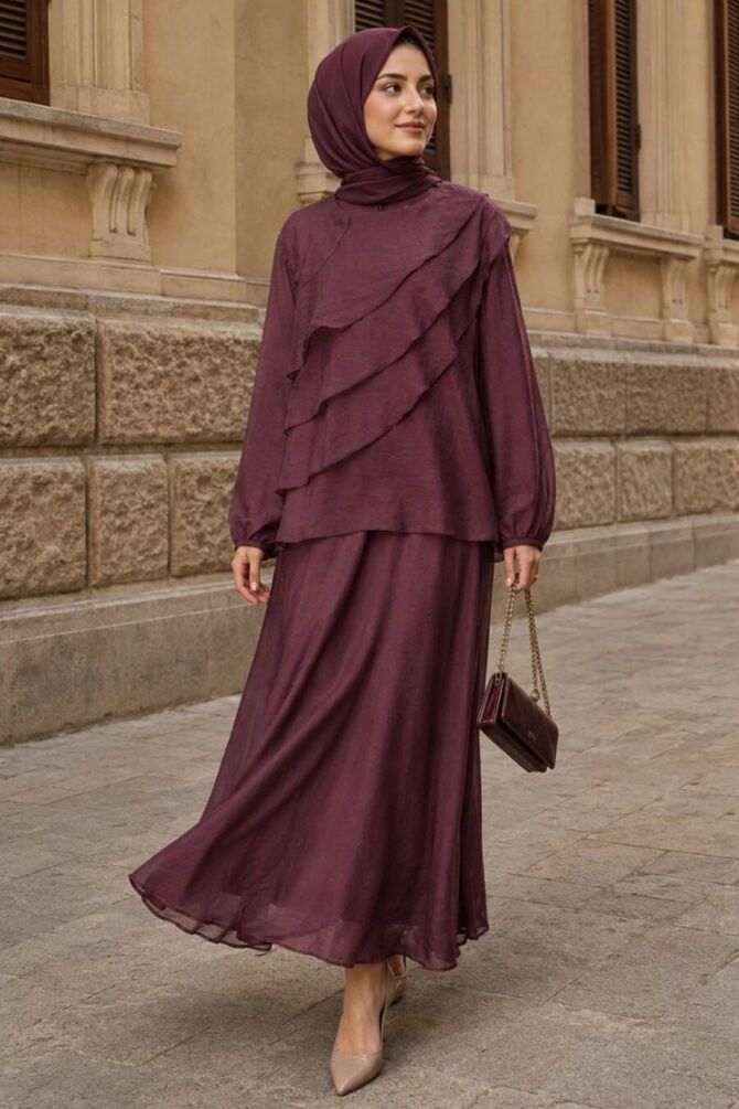 Asymmetric Tiered Ruffle-Detail Plum Modest Set 5331MU - 1