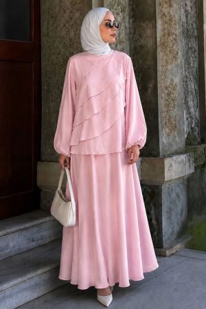 Asymmetric Tiered Ruffle-Detail Powder Pink Modest Set 5331PD 