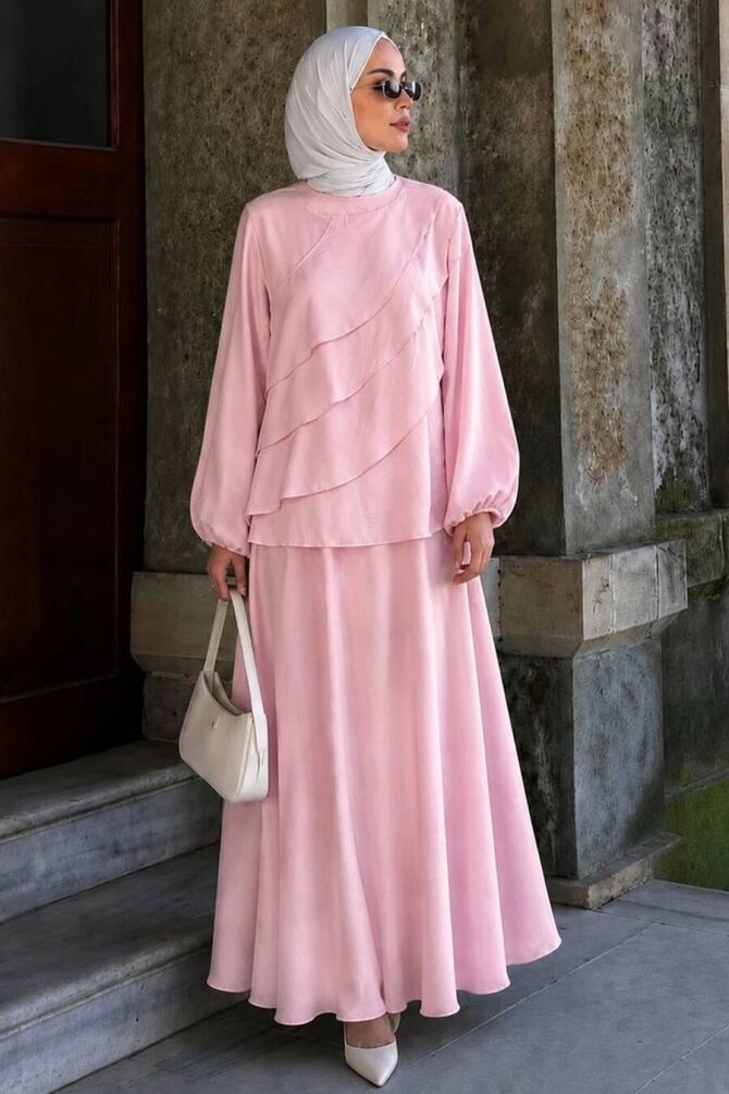 Asymmetric Tiered Ruffle-Detail Powder Pink Modest Set 5331PD - 1