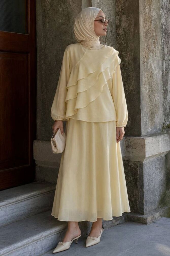 Asymmetric Tiered Ruffle-Detail Yellow Modest Set 5331SR - 1
