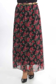 Aybqe - Flower Patterned Chiffon Black Skirt - Thumbnail