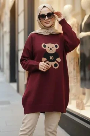  Ayıcık Desenli Bordo Tesettür Triko Kazak 87961BR 