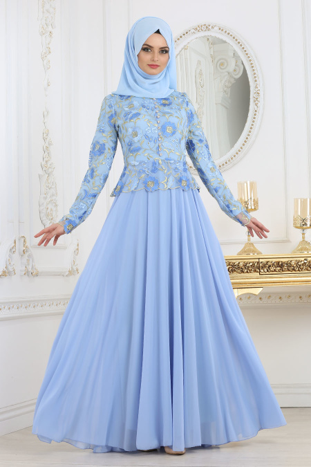Baby Blue Hijab Evening Drees 7488BM