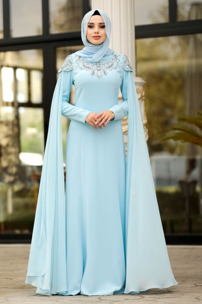 Baby Blue Hijab Evening Dress 20250BM - 2