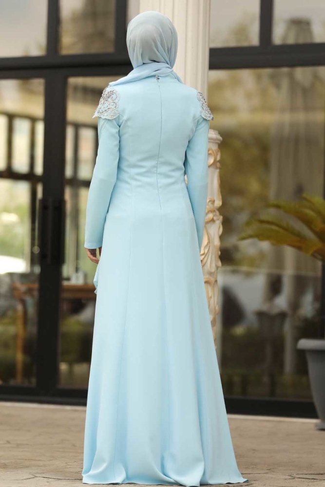 Baby Blue Hijab Evening Dress 20250BM - 3