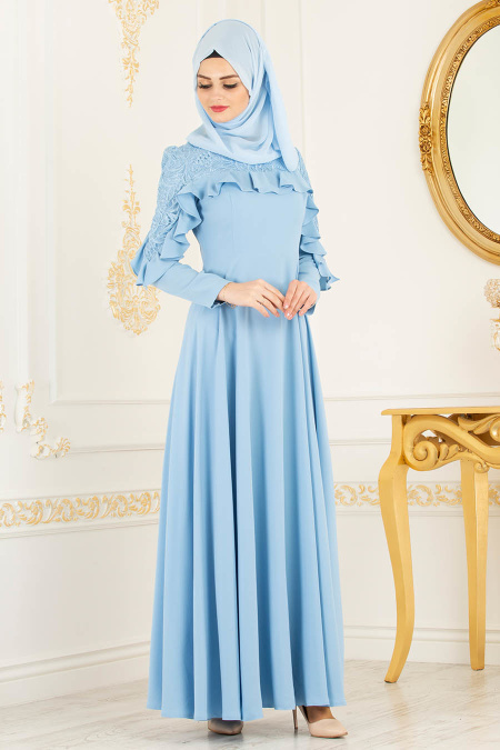 Baby Blue Hijab Evening Dress 3746BM
