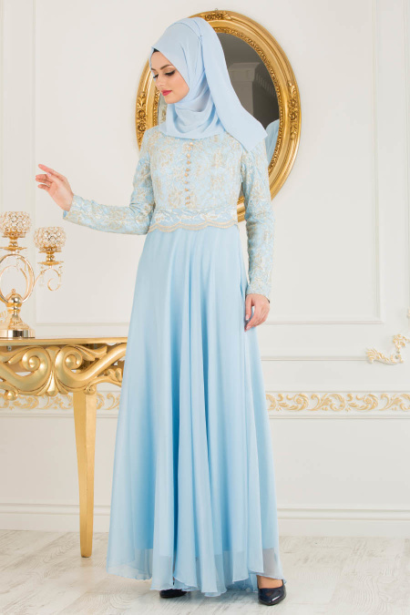 Baby Blue Hijab Evening Dress 7960BM