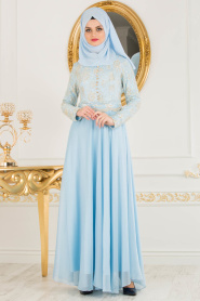 Baby Blue Hijab Evening Dress 7960BM - Thumbnail