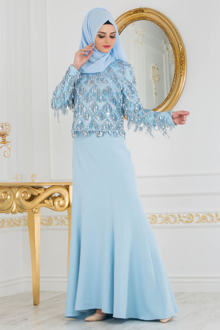 Baby Blue Hijab Evening Suit 100344BM