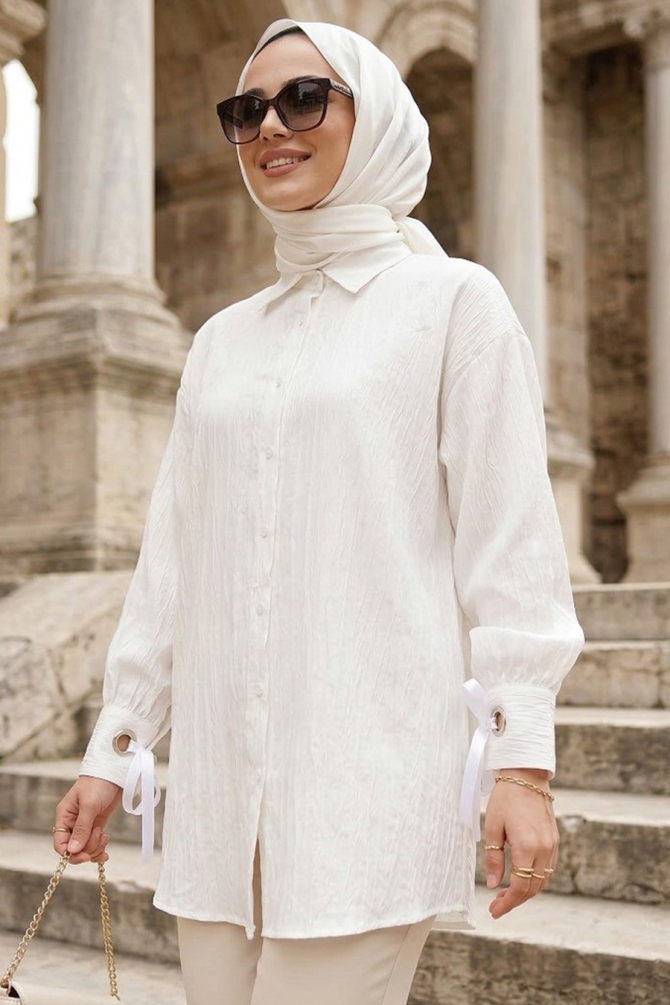 Bağcık Detaylı Beyaz Tesettür Tunik 53701B - 1