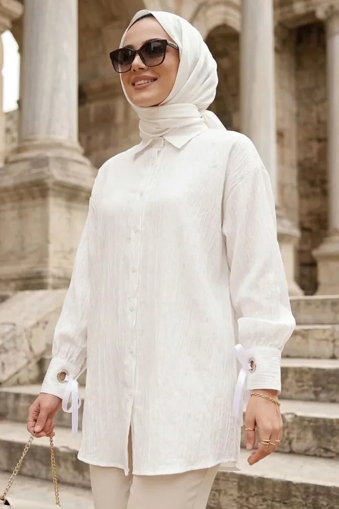 Bağcık Detaylı Beyaz Tesettür Tunik 53701B - 1