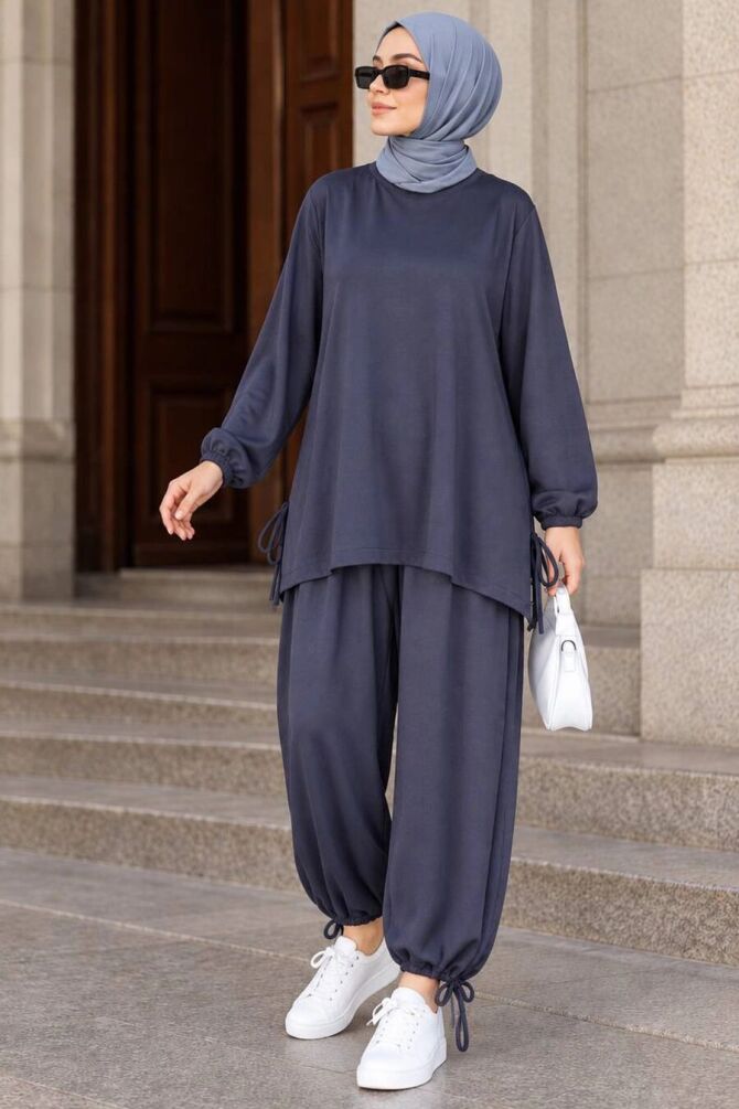 Tie-Detail Straight-Cut Oysho Anthracite Modest Trouser Set 10605ANT - 1
