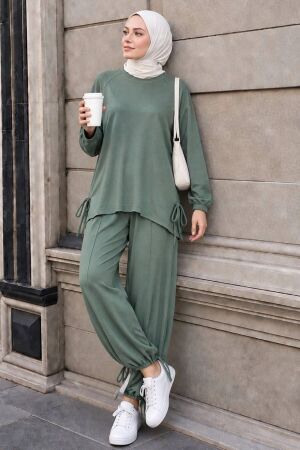 Tie-Detail Straight-Cut Oysho Almond Green Modest Trouser Set 10605CY 