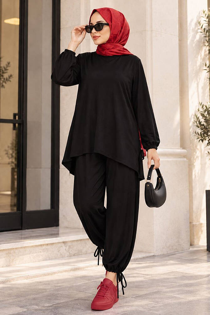 Tie-Detail Straight-Cut Oysho Black Modest Trouser Set 10605S - 1