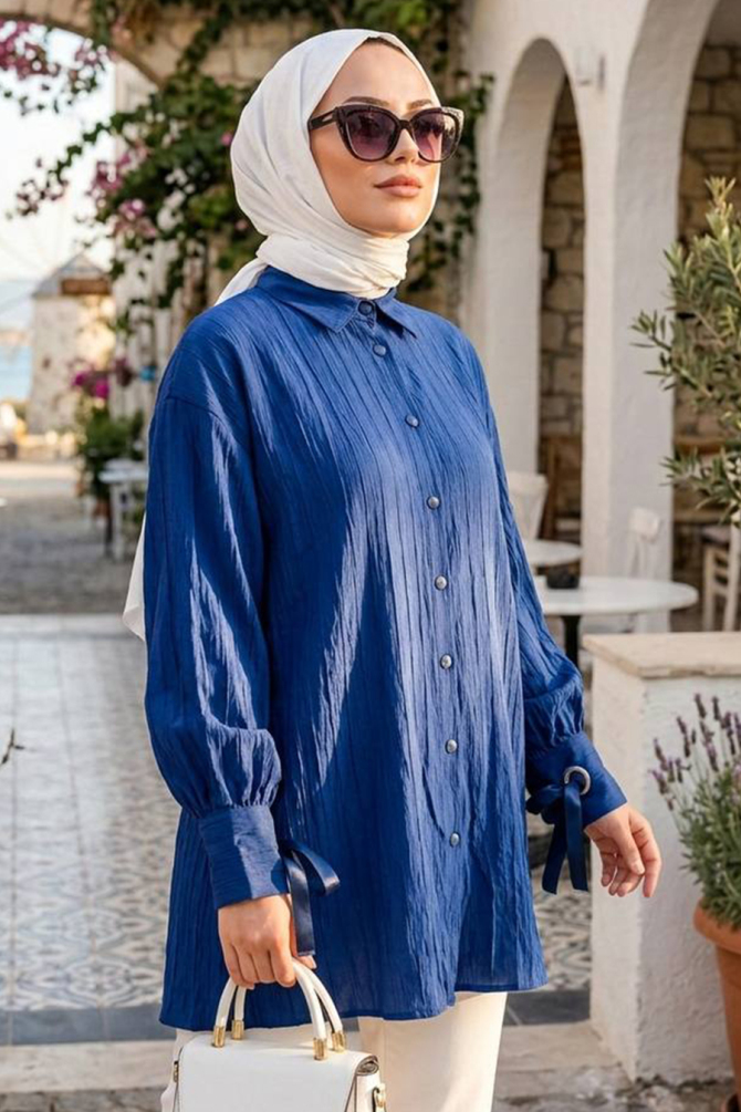 Bağcık Detaylı Lacivert Tesettür Tunik 53701L - 1