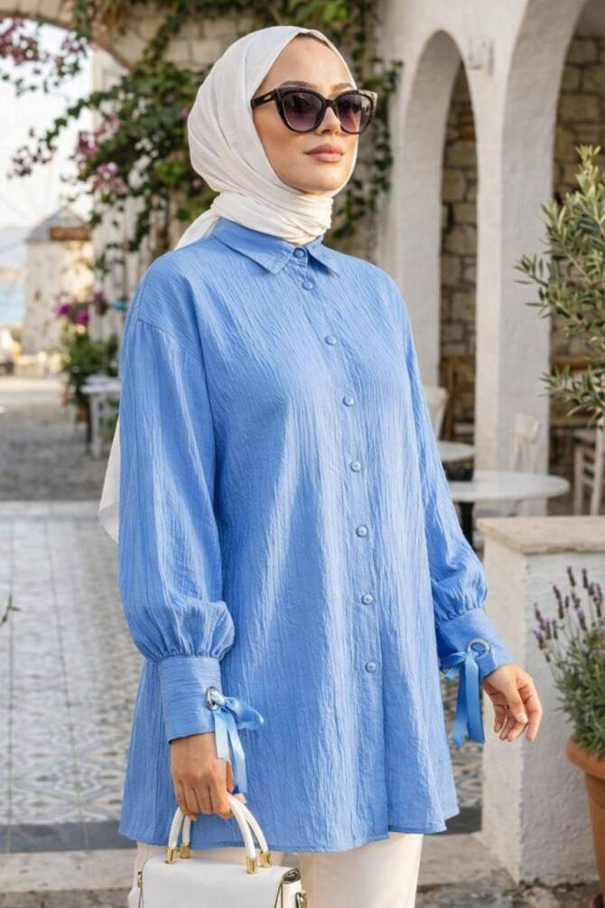 Bağcık Detaylı Mavi Tesettür Tunik 53701M - 1