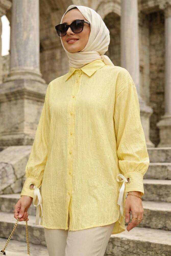 Bağcık Detaylı Sarı Tesettür Tunik 53701SR - 1