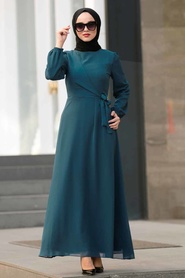 Bağcıklı Petrol Mavisi Tesettür Elbise 50190PM - Thumbnail