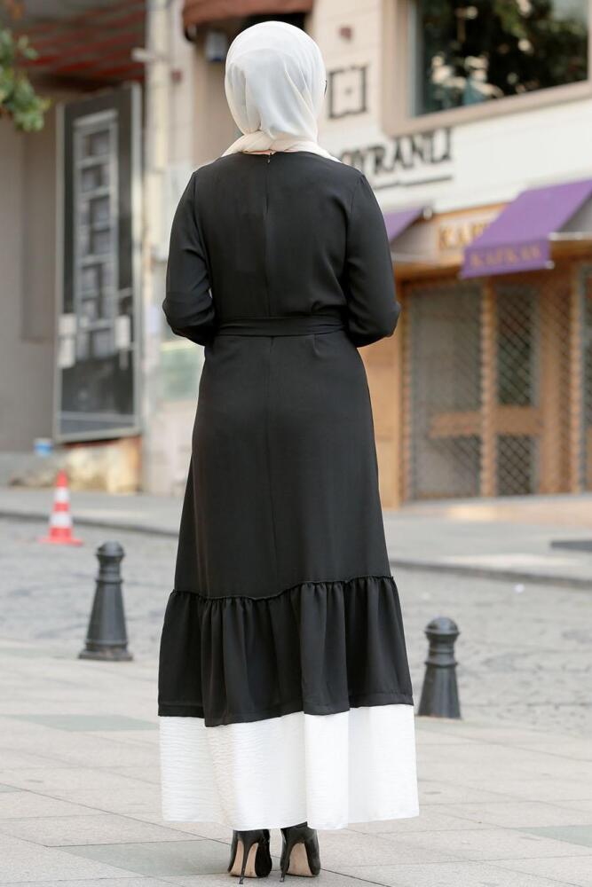Bağcıklı Siyah Tesettür Elbise 3129S - 1