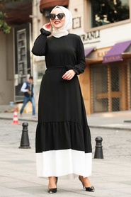 Bağcıklı Siyah Tesettür Elbise 3129S - Thumbnail