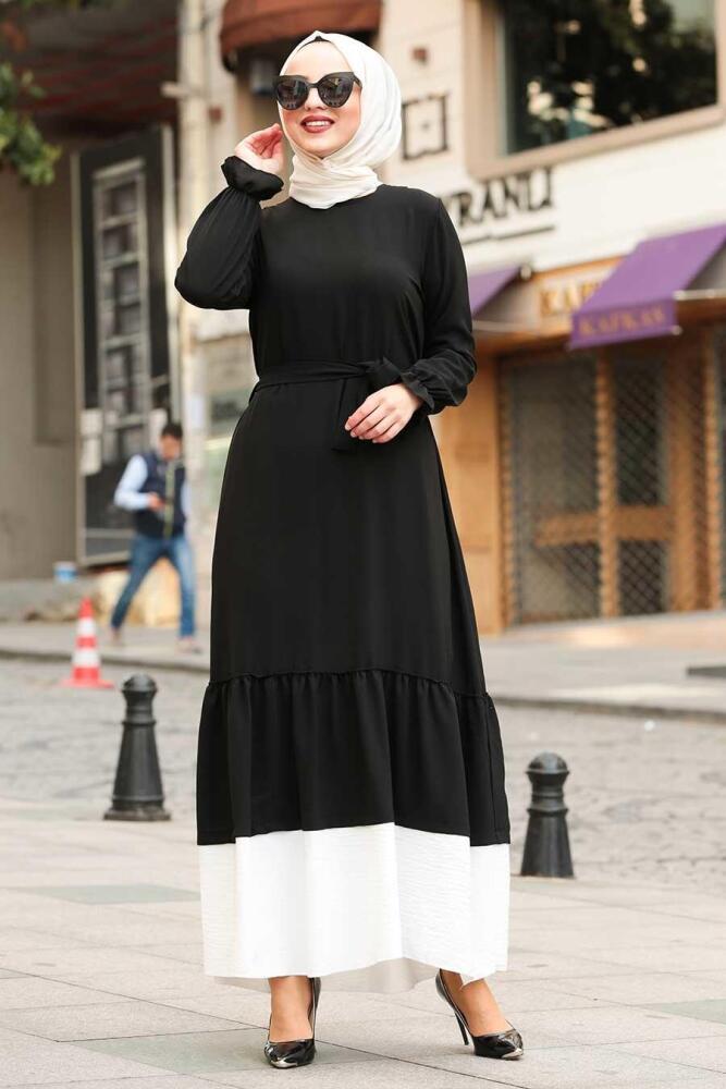 Bağcıklı Siyah Tesettür Elbise 3129S - 2