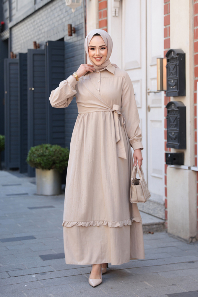 Bağlama Detaylı Bej Tesettür Elbise 6205BEJ - 2