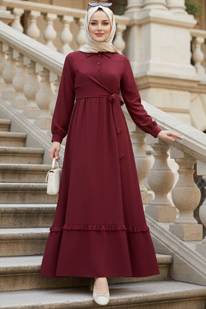Bağlama Detaylı Bordo Tesettür Elbise 6205BR - 1