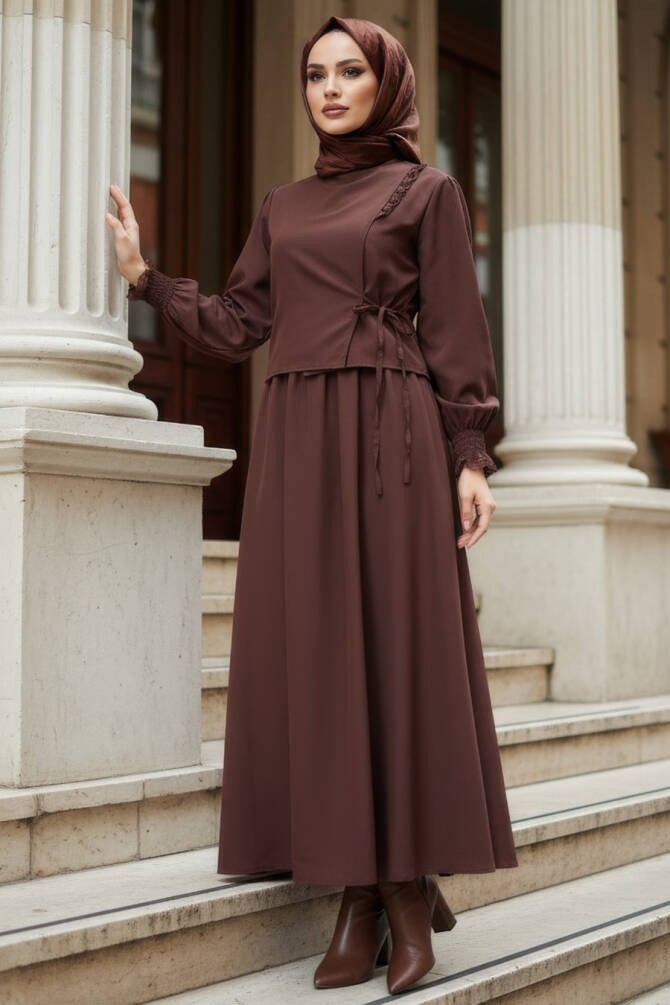 Bağlama Detaylı Kahverengi Tesettür Elbise 20324KH - 1