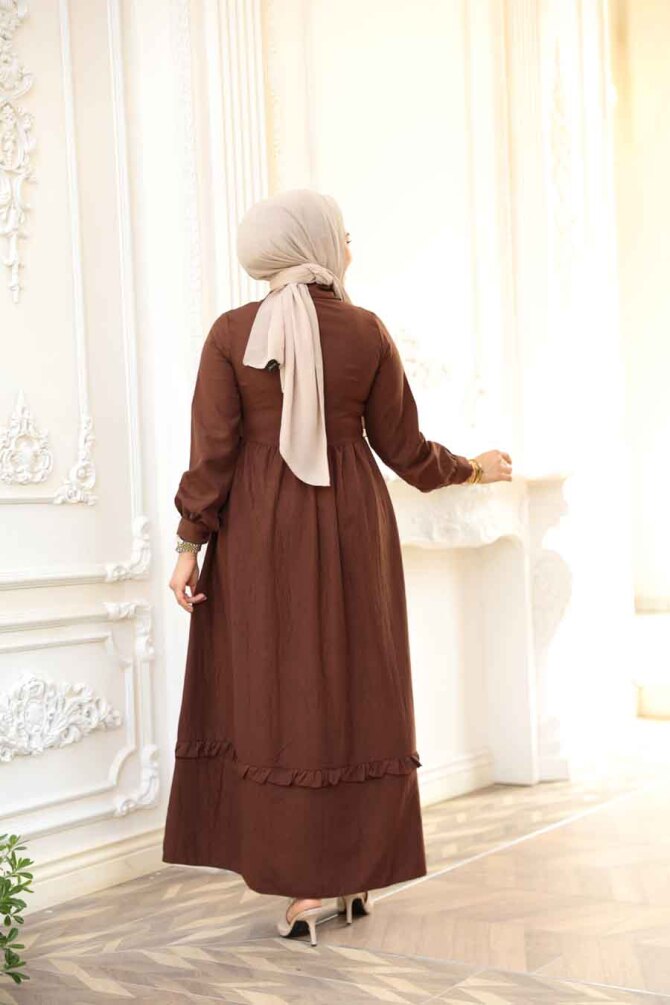 Bağlama Detaylı Kahverengi Tesettür Elbise 6205KH - 3