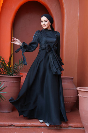  Bağlama Detaylı Siyah Tesettür Abiye Elbise 52223S - 4