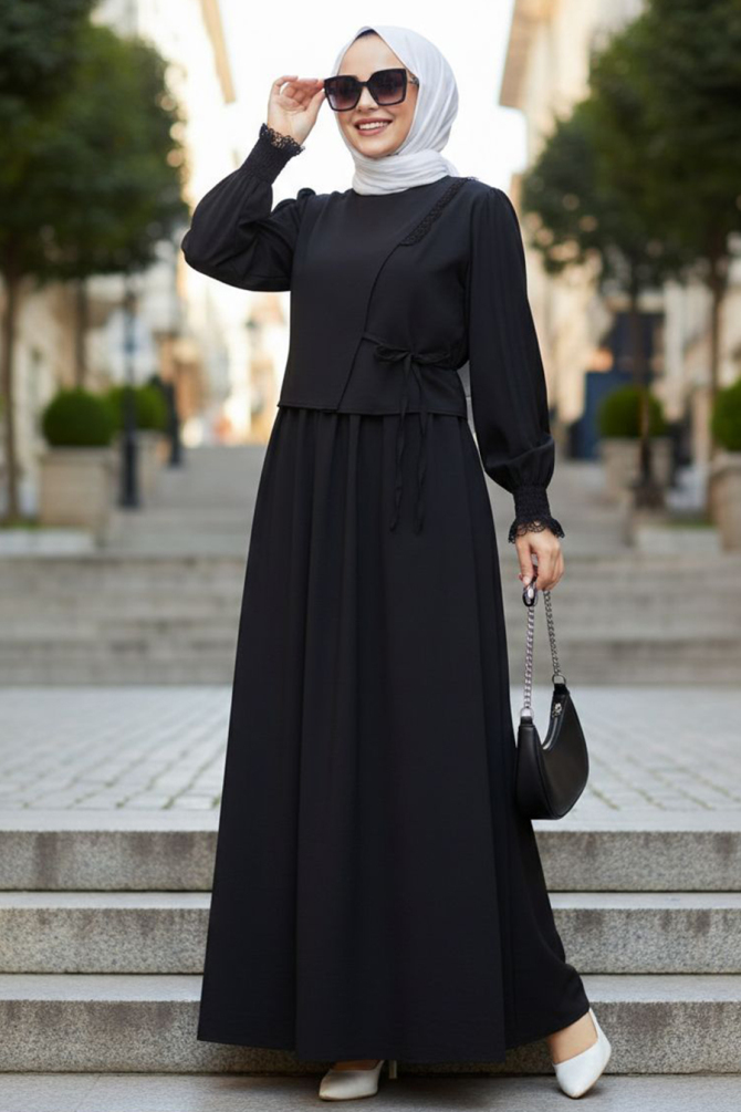 Bağlama Detaylı Siyah Tesettür Elbise 20324S - 1
