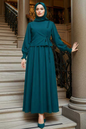Bağlama Detaylı Zümrüt Yeşili Tesettür Elbise 20324ZY 